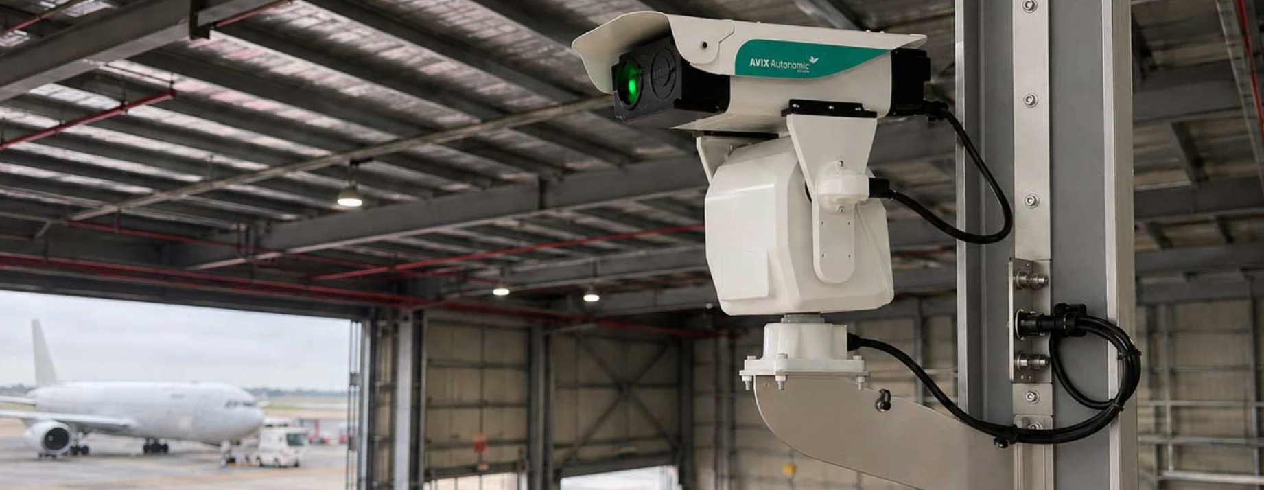AVIX Autonomic laser bird deterrent unit mounted inside an airport hangar with an aircraft visible on the tarmac