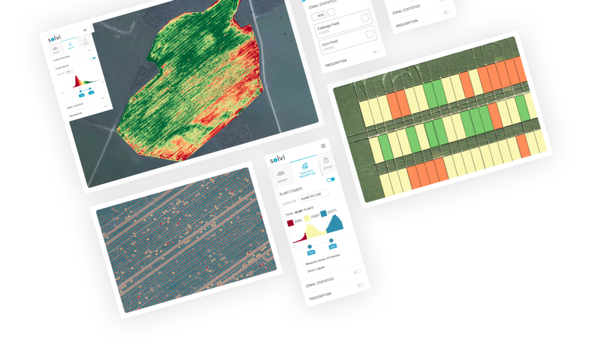 Solvi drone analytics dashboard showing crop health zones, plant counts, and plot statistics